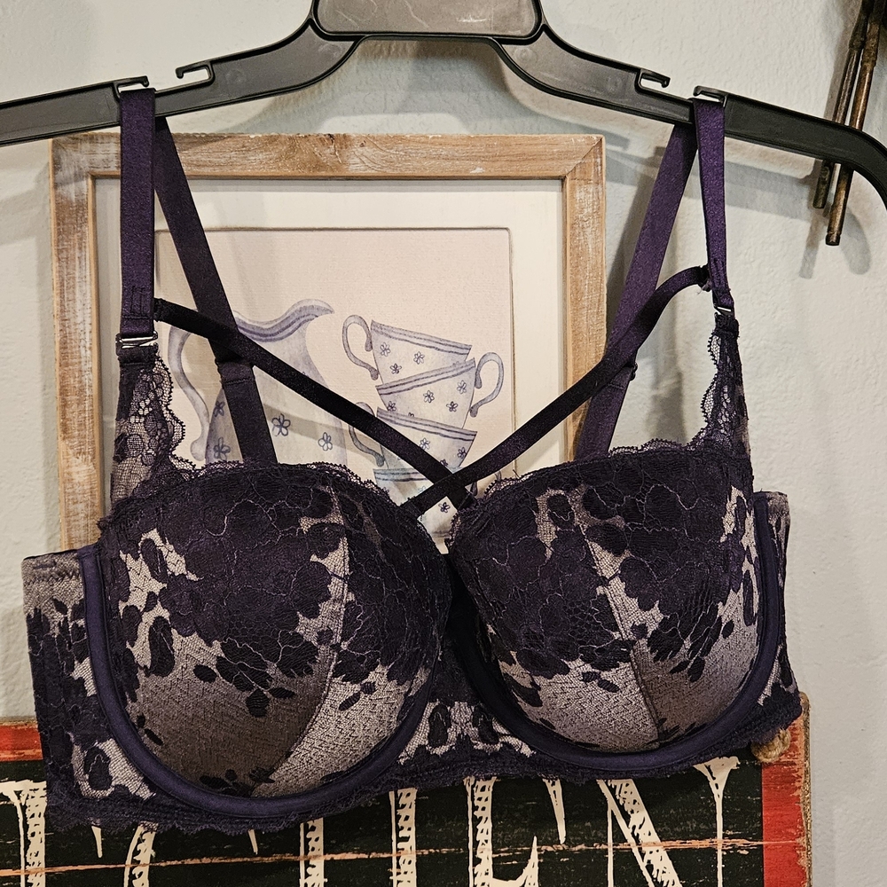 Luxurious Lace Balconette Bra in Deep Purple With Shimmer